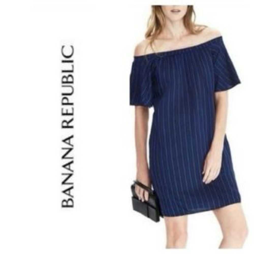 Banana Republic Blue Stripe Off The Shoulder Classic Preppy Dress Size S Petite